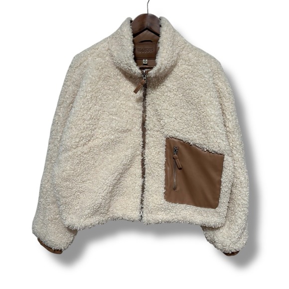 BLANK NYC Teddy Fleece Zip Up Jacket Ivory Faux‎ Leather Cropped Size M 25 x 20 - Picture 1 of 9